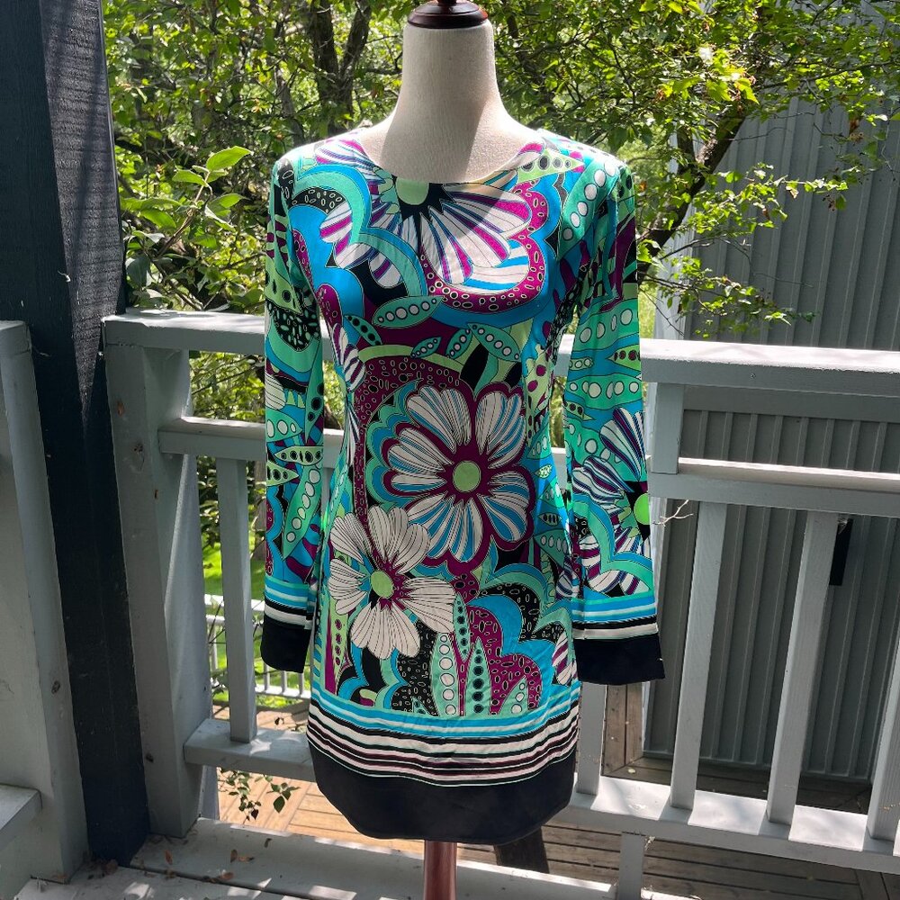 Cache Long Sleeve Blue Green Silk Dress - Size 2